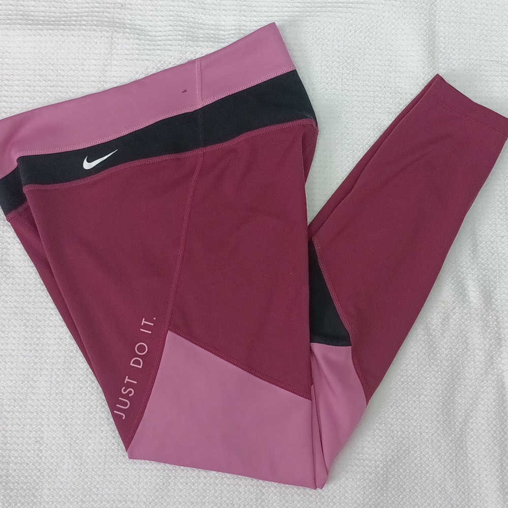 Nike Womens One Dri - Fit Geometric Pink Wine Black Colorblock Leggings sz M - Picture 9 of 11